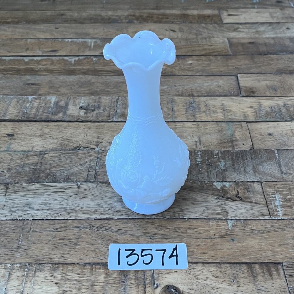 Imperial Milk Glass Bud Vase Embossed Roses Ruffled Scalloped Rim - Picture 12 of 12